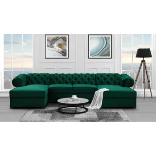 U-Form Ecksofa mit Schlaffunktion und Bettkasten Chester U-Shape Sofa im Chesterfield Stil, Stoff: kronos 19 - flasches grün, Knöpfe: Zirkonia - Grün