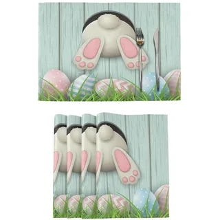 Oster-Tischsets, 6er-Set, Osterhasenunterseite mit rosa und blauen Eiern, Tischset für Esszimmer, Küche, waschbar, 6 Stück