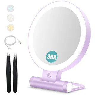 B Beauty Planet Kosmetikspiegel mit Beleuchtung, 30 fache/1-fach Doppelseitige Tischspiegel,3 Farblichter, DimmbarerSchminkspiegel,Reisen Kosmetik Spiegel mit Beleuchtung(Violett 30x Kosmetikspiegel)