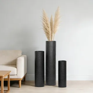 Bodenvase Groß Vase Schwarz Metallvase, 70/55/40 cm Hohe Bodenvasen Set, Elegante Deko Vase Set of 3 Modernen Waben Textur Big Matt Vase für Wohnzimmer Esszimmer Schlafzimmer Home Büro