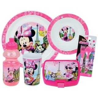 Disney Minnie Geschirrset für Kinder mit 1 Glas 220 ml, 1 Suppenteller Ø 16 cm, 1 Teller Ø 22 cm, 1 Trinkbecher 350 ml, 1 Snackbox und 2 Deckeln, Höhe 13,5 cm – wiederverwendbares Geschirr