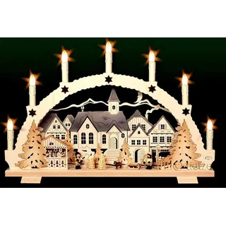3D-Schwibbogen 7 Kerzen Advent & Winterkinder 52cm Erzgebirge Lichterbogen Holz - mehrfarbig, handschattiert