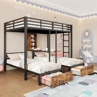 Sweiko Etagenbett, 140 x 200 cm +90 x 200 cm, 3 Betten, mit Seitengittern, mit Staufächern, 2 Schubladen, Regalen, ohne Matratze, schwarz - Schwarz