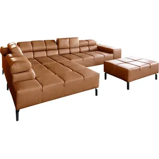 KAWOLA Sofa NELSON Ecksofa Leder cognac mit Hocker Recamiere links - Braun