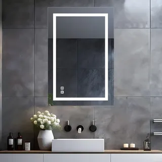LISA LED Badspiegel mit Beleuchtung 70x50 cm, Bad Spiegel Groß badezimmerspiegel mit Touch Dimmbar Warmweiß/Kaltweiß Licht Antibeschlag Wandspiegel für Badezimmer, WC, Flur mit Steckdose