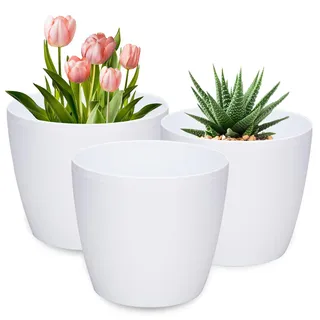 PECZEKO Blumentopf Glänzende, 3er-Set blumenkübel, 21/25/30 cm Pflanzkübel aus Übertopf Kunststoff Topf für, groß und klein Pflanzen, 3er-Set blumenkübel kräutertopf, Weiß