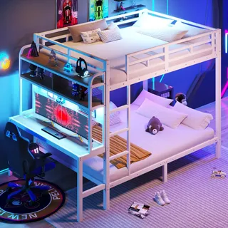 Etagenbett mit RGB LED-Lichterkette, Steckdose, USB, Schreibtisch, Leiter, Regal, Rausfallschutz und Lattenrost, 140x200cm, Metallbett, Kinderbett - Weiß