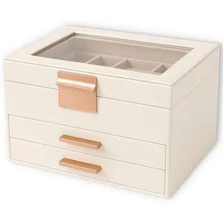 PECZEKO Schmuckkästchen, Schmuckbox mit transparenter Deckel, Schmuckkasten mit 3 Ebenen, 2 Schubladen, Schmuckaufbewahrung, modern - 23,1 x 20,3 x 13,5 cm, weiß