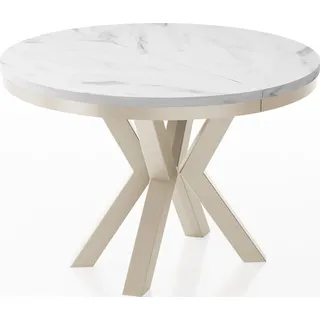 WFL GROUP Runder Ausziehbarer Esstisch im Loft-Stil - Industrieller Tisch in Weißer Marmoroptik mit Beige Cashmere Metallbeinen - Platzsparender Tisch für - Marmor Weiß - 100 bis 180 cm