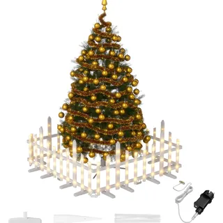 SUBTLETY 5X Weihnachtsbaum Zaun Weiß mit LED Mini Gartenzaun Beleuchtet Kunststoff Lattenzaun Zaun Weinachtsdeko Gartendekor Weihnachtsbeleuchtung für drinnen und dr, Wellenförmig - Weiß