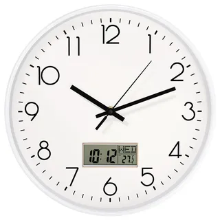 Lumuasky Funk Wanduhr Digital & Analog 30cm – Weißes LCD Display mit Zeit, Datum, Wochentag & Temperatur – Sprachumschaltbar (6 Sprachen) – Lautlose Küchenuhr für Wohnzimmer, Bad, Büro