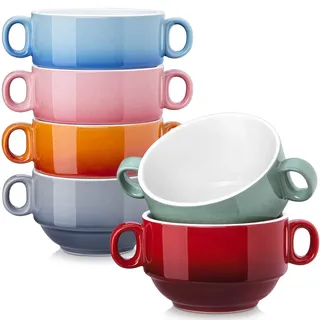 LOVECASA 420ml Suppentassen mit Henkel, 6-teilige Suppenschüsseln aus Steinzeug, Suppenschalen, Bouillontassen, Müslischüsseln, Bunt