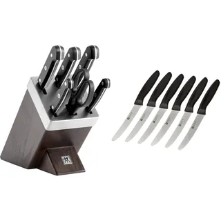 ZWILLING Selbstschärfender Messerblock, 7-tlg, Gourmet & 1002672 Messer-Set, 6-tlg, Küchenmesser, Klingenlänge: 12 cm, Rostfreier Spezialstahl/Kunststoff-Griff, Twin Grip, Schwarz