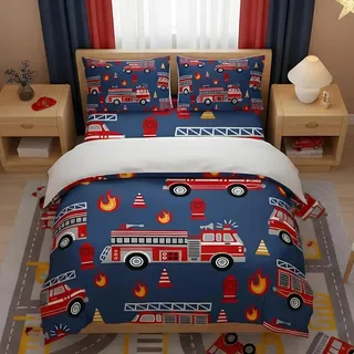 richhome Cartoon-Auto, Bettbezug, 140 x 200 cm, Feuerwehrauto, Bettwäsche für Kinder, Jungen, Mädchen, Jugendliche, Feuerwehr, Bettwäsche, Feuerwehrauto, Feuerwehrauto, blau, rot