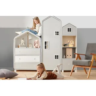 Konsimo Kinderschränke Kindermöbel-Set 3-tlg. Kommode, 2x Bücherregal Hausform Möbel "MIRUM", Weiß, laminierte Platte, Spanplatte, 57x172x45|47x152x45|80x126x45 cm