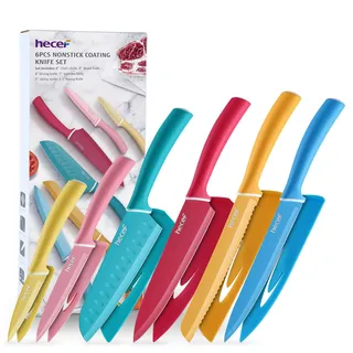 hecef Küchenmesser Set 6-teilig, Edelstahl Messer mit Schutzhüllen, Scharfe Messer Set mit Bunte Non-Stick Klinge und Soft Touch Griff, Profi Kochmesser Set für Köche, Spülmaschinenfest