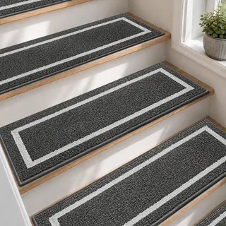 COSY HOMEER 4 Stück Treppenstufen Matten 70x22cm, Schwarz | Stufenmatten innen, melierte Struktur mit hellem Rahmen, TPE-Rücken ohne Klebeband, rutschfest, waschbar