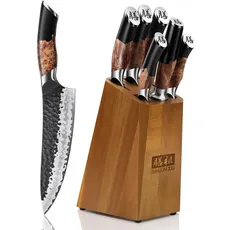 SHAN ZU Messerset 7 teilig, Japanisches Küchenmesser Set mit Block, 7 Schichten Hochwertigem Carbon Stahl Scharf Messerset für die Küche, Professionelles Kochmesserset mit Schärfer