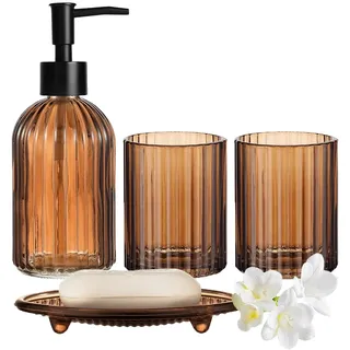 Braunes Badezimmer-Accessoire-Set, komplettes Set aus Glas, bestehend aus Seifenspender, Zahnbürstenhalter, Mundspülbecher und Seifenschale für Badezimmerdekoration und Waschtischplatte