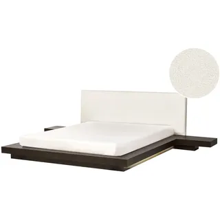 BELIANI LED-Bett Dunkle Esche Bouclé u. MDF-Platte Holzoptik Lattenrost 160x200cm Nachttische Hohes Kopfteil Japanischer Stil Plattform-Bett Futonbett - Braun, Weiß