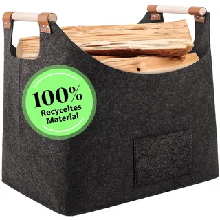 XHYASD 60L Holzkorb Filz Kaminholzkorb faltbar mit Holzgriff Dunkelgrau