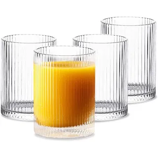 INSETLAN 280ml Geriffelte Longdrinkgläser 4er-Set mit Glasstrohhalm | Hochwertige Cocktailgläser & Trinkgläser | Ideal für Whisky, Bier, Säfte | Spülmaschinenfest