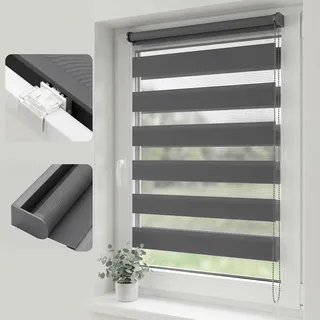 SALCAR Doppelrollo Klemmfix ohne Bohren, Duo Rollo & Zebra Rollo für Fenster, Stufenloser Sicht- und Sonnenschutz, mit Oberschiene & Metallkern-Klemmen,Grau, B 65 x H 130 cm