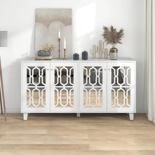 Fortuna Lai Kommode Sideboard mit kühlen Kristallgriffen,4 Türen,Anrichte Küchenschrank Schrank im Landhausstil,160x40x84cm,Weiß - Weiß