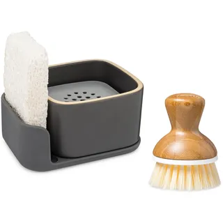 Full Circle Bubble Up Combo – Elegante graue Keramik-Seifenschale mit Öko-Schwamm und Bambus-Griff – vielseitiges, natürliches Küchenreinigungsset für Töpfe, Pfannen, Theken und Spüle, Grau