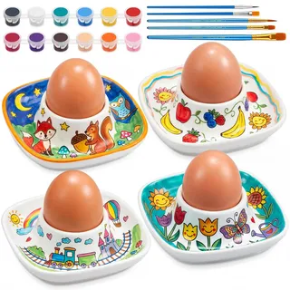Sinmoe 4er Eierbecher Keramik Ostern Eierbecher zum Bemalen Porzellan Weiss mit 12 Stück Acrylfarbe 5 Pinsel Acrylfarbe Ostergeschenke DIY Keramik Bemalen Set für Ostern Frühling