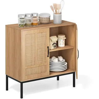 GIANTEX Sideboard mit 2 Rattantüren, Küchenschrank mit 3-Fach verstellbarem Regal, Buffetschrank Anrichte Holz, Beistellschrank mit Metallbeinen & Kippschutz, Kommode Küche & Wohnzimmer, 80x38x81 cm