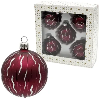 Dekohelden24 Thüringer Christbaumschmuck - 5er Set Christbaumkugeln in lila - Beere matt mit Dekor, Größe ca. 6 cm, mit silbernem Krönchen. Mundgeblasen und Handdekoriert.