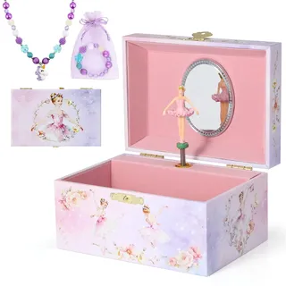 hombrima Musik-Schmuckkästchen mit Halskette, Armband, Musik-Schmuck-Aufbewahrungsbox mit drehender Ballerina, Geschenk-Set für Kinder, Mädchen, Kinder, Tochter (Lila-Ballet)