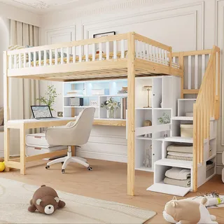 Flieks Etagenbett 140x200cm mit Schreibtisch & Regal, Hochbett mit LED & Schrank, Kinderbett Jugendbett mit Schubladen, Stockbett Doppelbett Holzfarbe - Naturbelassen