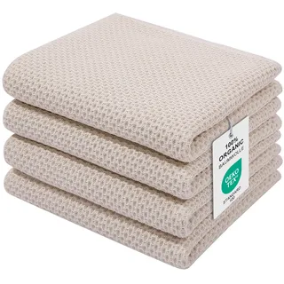 Moosfor Geschirrtücher 100% Baumwolle, 4er Set 32 x 72 cm, Weiche Geschirrhandtücher Küchenhandtücher Saugfähig Küchentücher Dicke Premium Geschirrtuch Spüllappen Putzlappen, Beige