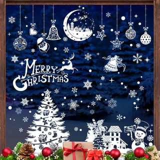 AhfuLife Fensterbilder Weihnachten, 202 Stück Fenstersticker Weihnachten Selbstklebend, Wiederverwendbar Doppelseitig Weihnachten Schneeflocken Rentier Fensterdeko für Xmas Party Weihnachtsdeko