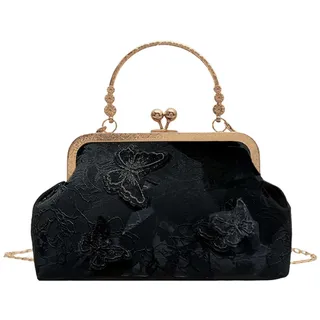 ANNUOZE Damen Abendtasche, Elegante Stickerei mit Schmetterlings-Floral-Muster, Vintage Clutch-Tasche, Retro Schulter- und Umhängetasche, Hochzeitshandtasche für Braut und Brautjungfer (Schwarz)