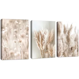3 Teilig Modern Beige Pampasgras Bilder Set, Aesthetic Boho Wanddeko Wandbilder mit Rahmen, Modern bild auf Leinwand Wandkunst Kunstdruck Deko für Wohnzimmer Schlafzimmer Küche Esszimmer 40x60x3