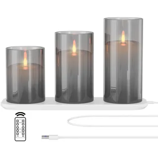 EXTSUD LED Flammenlose Kerzen Flackern mit Ladestation und Fernbedienung Timerfunktion,3er Set Led Kerzen aus Glas Wiederaufladbare Flamme Kerzenlicht Romantische Teelichter Deko Wohnzimmer Grau