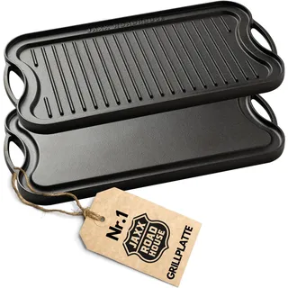 JAXX ROADHOUSE Gusseisen Grillplatte | Gussplatte zum Aufsetzen auf Holzkohlegrill/Gasgrill sowie Ofen und Herd | Plancha, Teppanyaki, Burger, Gemüse | 50,5x26x2,5cm