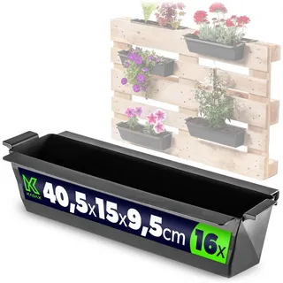 KADAX Pflanzkasten 16er Set für Paletten mit Hängesystem, 37x9 cm Schwarz, zum Bepflanzen & Dekorieren als Balkonkasten, Blumenkasten für Europalette, Blumentopf-Einsatz & Übertopf in Palettengärten
