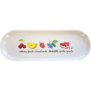 GENEVIEVE LETHU 544015 Rechteckiger Teller aus Porzellan, L 35,5 cm B 12,5 cm – Farbe Weiß, Obstdekor – Präsentationsteller Porzellan rechteckige Form