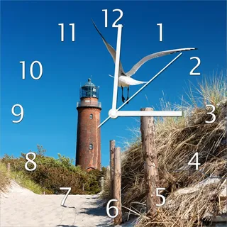 Wallario Design Wanduhr Möwe am Strand mit Leuchtturm aus Echtglas, Größe 30 x 30 cm - Blau
