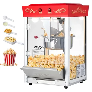 Vevor Popcornmaschine mit Edelstahlkessel, 800 W kommerzieller Popcornmaker, 48 Tassen pro Ladung, Kinostil, mit 2-Tasten-Bedienung, Glaswand, PC-Tür, 1 Portionierer, 3 Löffel, Rot