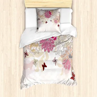 ABAKUHAUS Blumen Bettbezug Set für Einzelbetten, Frühlingsblume Schmetterling, Milbensicher Allergiker geeignet mit Kissenbezug, Rosa Creme