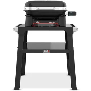 Weber Lumin Compact Kompakter Elektrogrill mit Standfuß, Bis zu 315 °C, mit Deckelthermometer, Porzellanemaillierte Gusseisenroste, 43 x 32 cm Grillfläche, Schwarz (1501653)