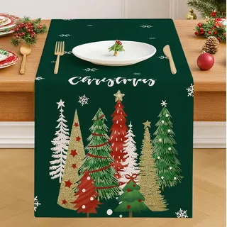 Vorysum Grün Weihnachten Tischläufer Chrismas Winter Weihnachtsbaum Schneeflocken Tischdeko Weihnachtstischläufer Weihnachtsdeko Modern Saisonnal Küche Tisch Dekoration Drinnen Outdoor 40x140 cm