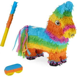 Relaxdays Pinata Esel, mit Stab & Maske, Partypinata Kinder, Geburtstag, zum Befüllen, HxBxT: 38 x 35 x 12 cm, bunt