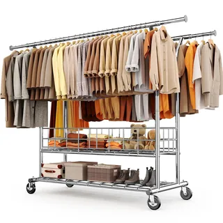 HOKEEPER Schwerlast Kleiderständer auf Rollen, Doppelter Kleiderstange, bis 283 kg belastbar, Industrie-Design, Garderobenständer mit Ablage& Wäschekorb,ausziehbare Länge und Höhe,Chorm