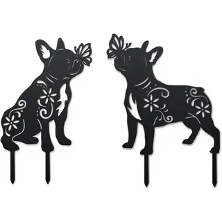 WADORN 2 Stil Französische Bulldogge Dekorative Gartenstecker Aus Metall, Bulldogge Lustige Metallstatuen Für Außenbereich Schwarze Welpensilhouette Ornament Hundegeschenke Tierpfähle Für Garten Rasen
